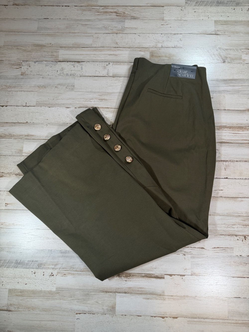 Dear Scarlett Olive Green Wide-Leg Pants with Decorative Buttons